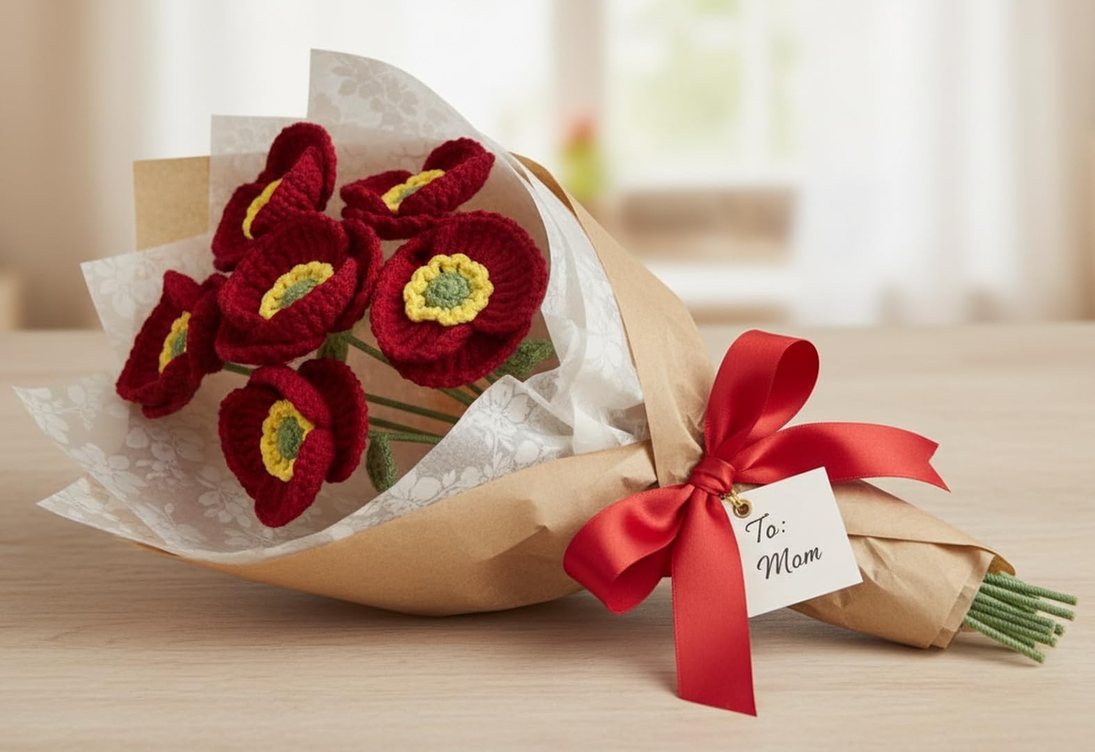 Poppies Flowers Artificial 6 Pieces,14.5in Fake Poppy Crochet Flower,Knitted …