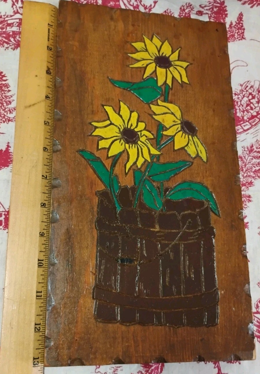 Vintage Carved Painted 3 Sunflowers Bucket Wall Art Primitive Farmhouse Rustic