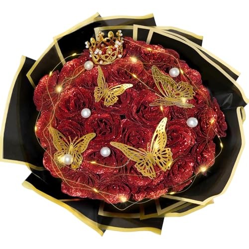 Red Glitter Roses Bouquet, 24 Pcs Shiny Glitter Flowers Bouquet, 24 PCS Red-a