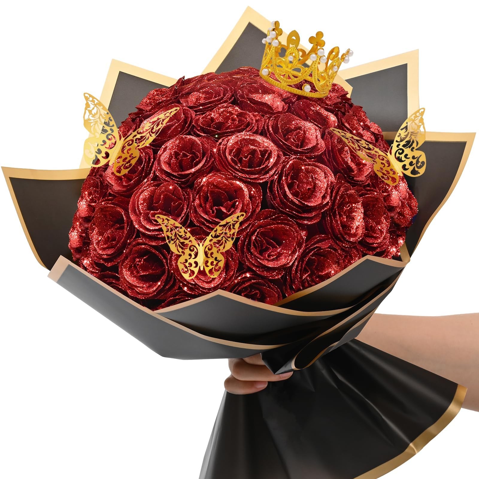 36 Plus 20 Glitter Roses Bouquet Red White, DIY Fake Flowers Initials Craft