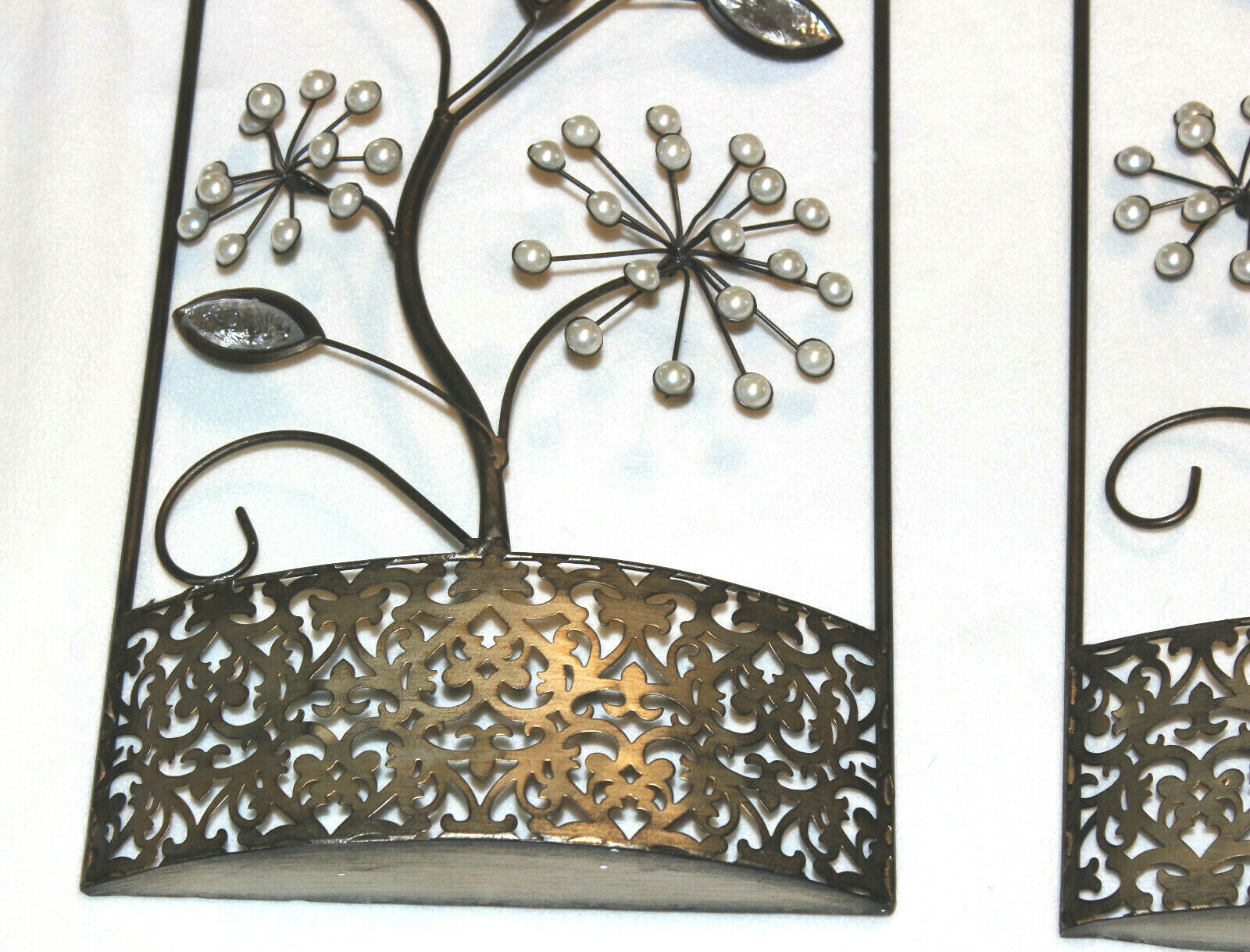 PAIR 24” x 10” x 2” DEEP 3D SILVER BRUSHED METAL FILIGREED FLORAL WALL ART DECOR
