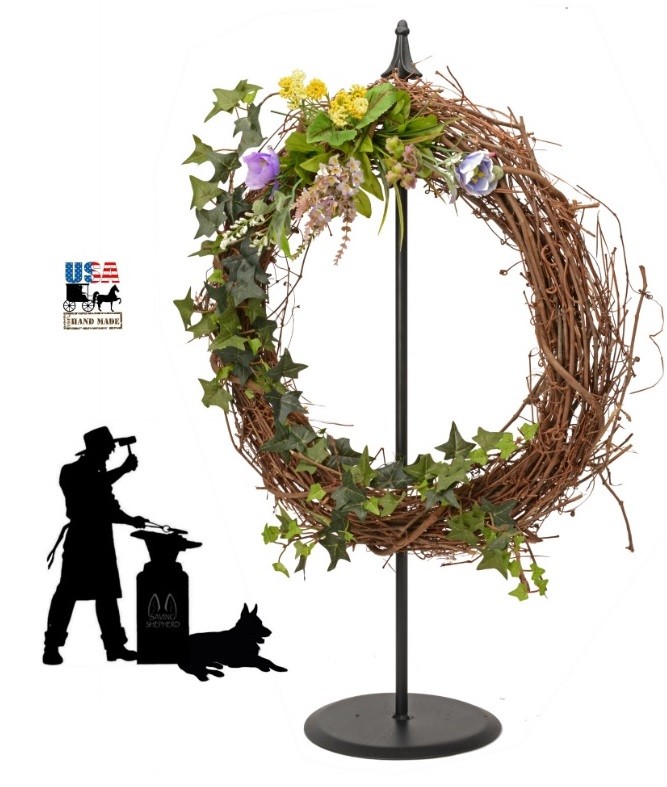 WREATH HOOK STAND 30″ Free Standing Wrought Iron Holder Classic Final Amish USA