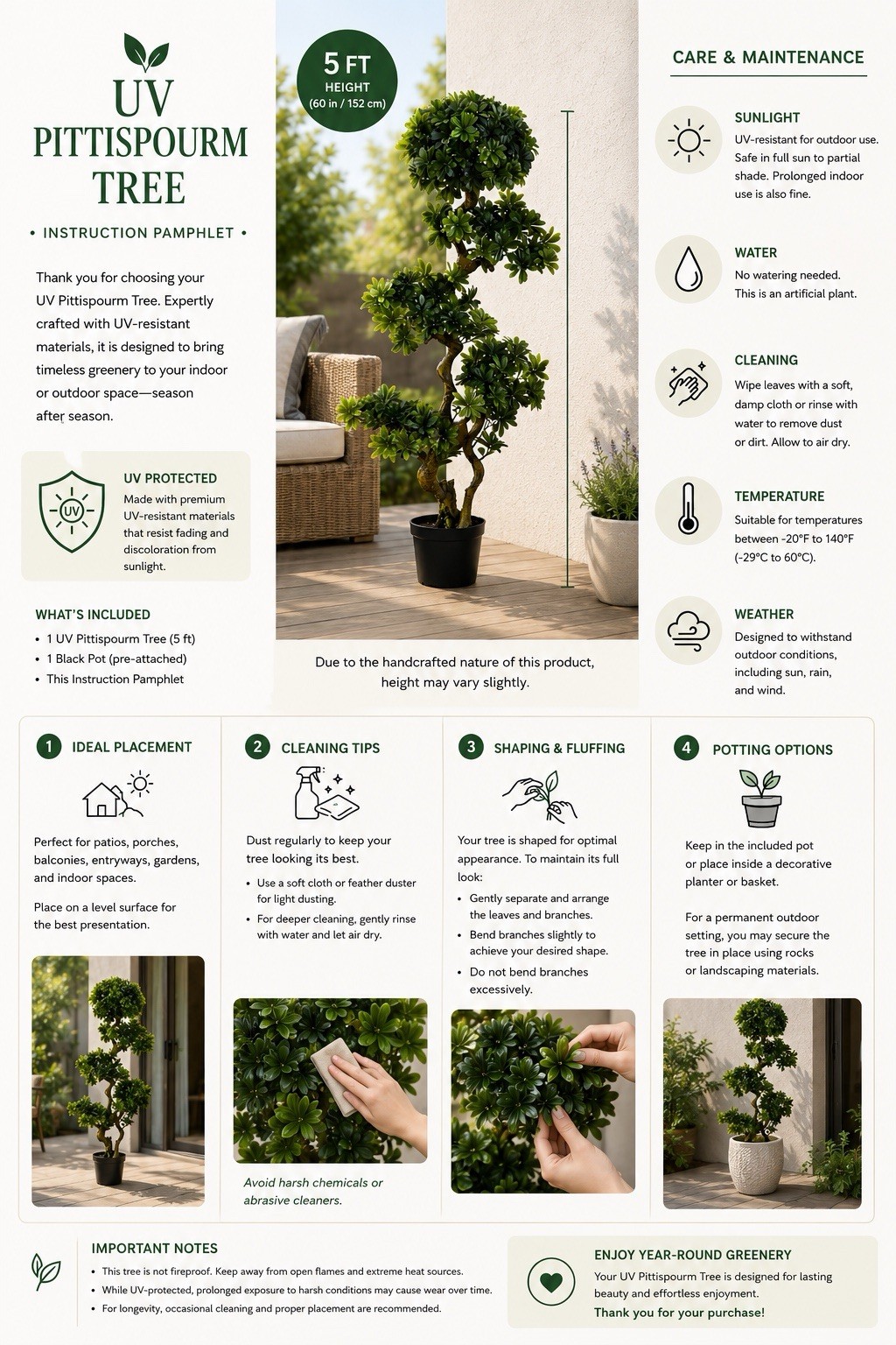 5’ Artificial Pittispourm Tree UV (Indoor/Outdoor) Home Decor. Retail $324