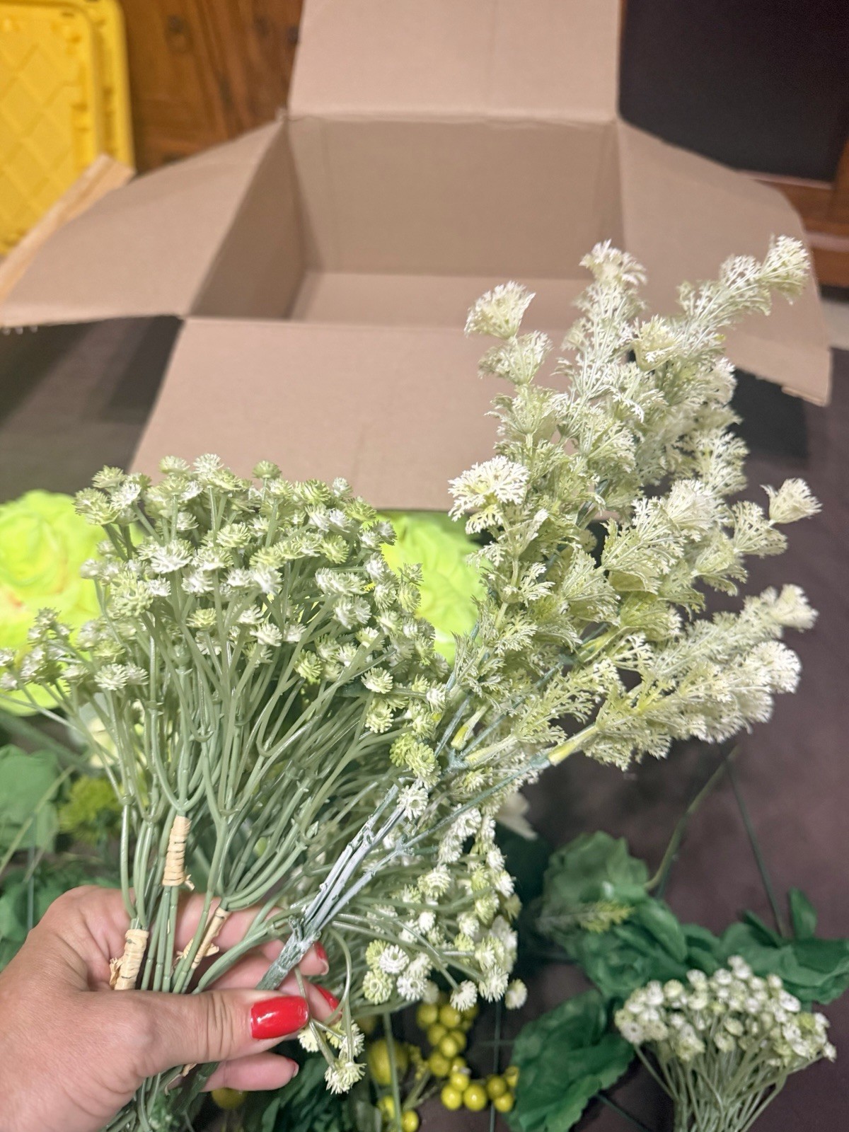 Large Lot / Box of Miscellaneous Artificial Silk Flowers – Bright Green Shades