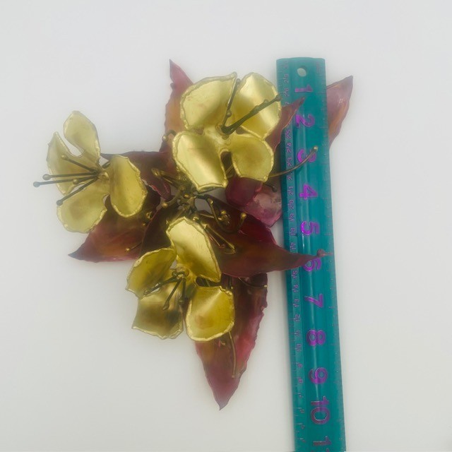 Vintage Gold Red Flowers & Leaves Copper Brass Metal Sculptures – 3 Pcs