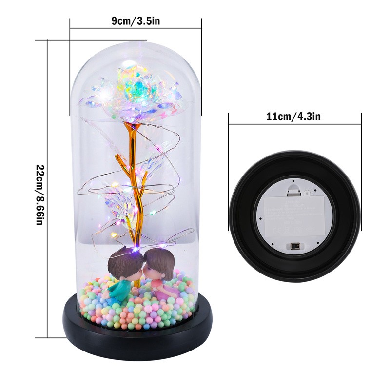 Rose Flower In Crystal Glass Dome RGB LED Light Up Rose Lamp Gift for Girlfriend