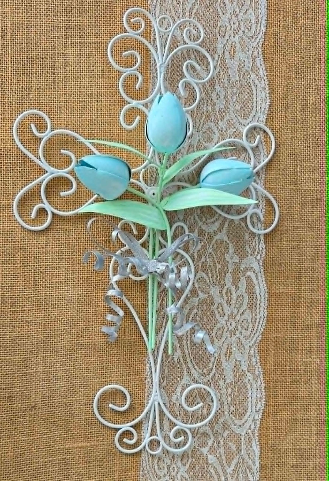 VTG Metal Art Curled Wire Cross w/Blue Tulips & Silver Bows Wall or Door Decor