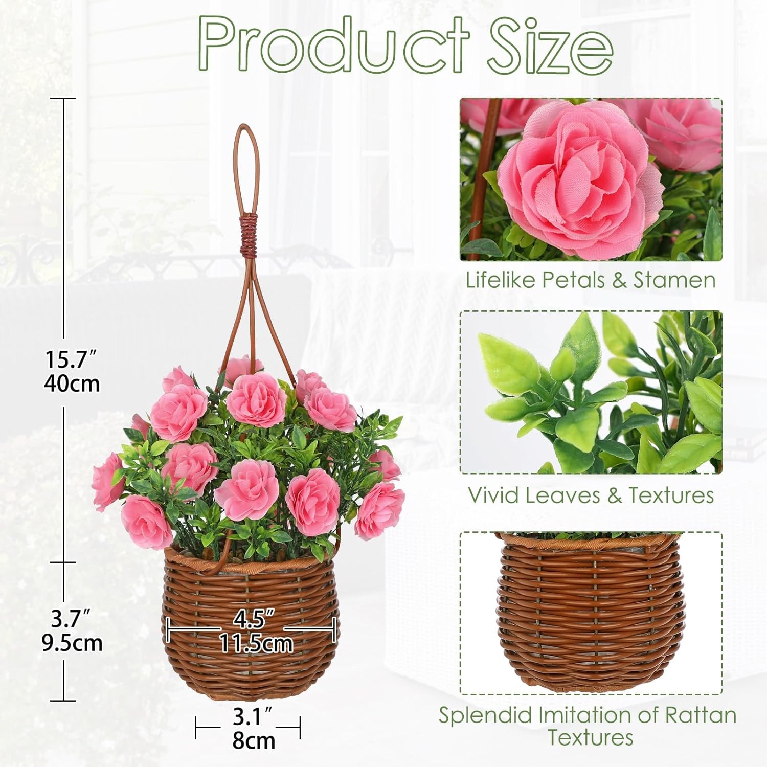 Artificial Rose Flowers with Hanging Woven Basket, Faux Blooming Roses in Fake R