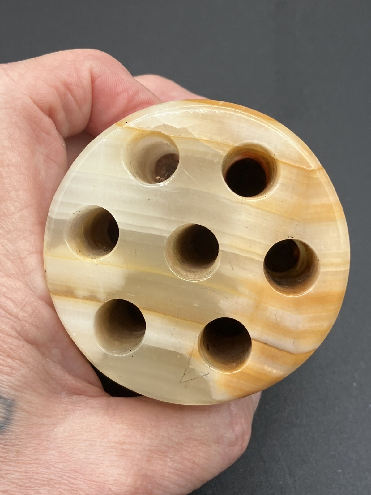 Vintage Variegated Earth Toned Onyx Marble 3.25″, 7 Hole Flower Frog Italy