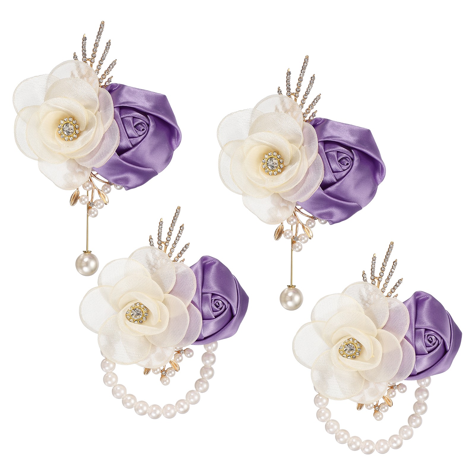 2 Sets Wrist Corsage and Boutonnieres Set for Wedding Groom Bride, Light Purple