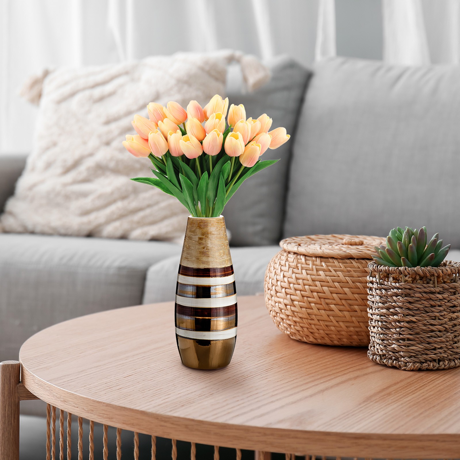 24Pcs Fake Tulips Artificial Flowers PU Tulips with Stems Pale yellow