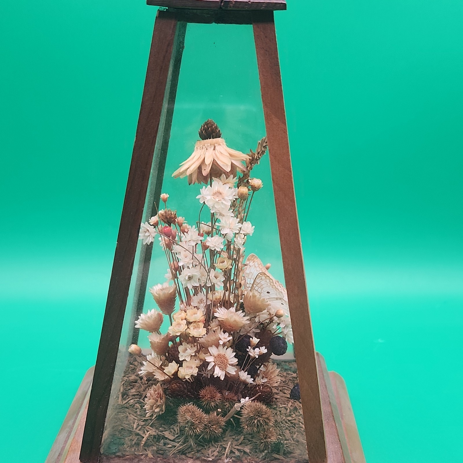Vintage Dried Flowers With Butterfly 9” x6” Art obelisk glass box