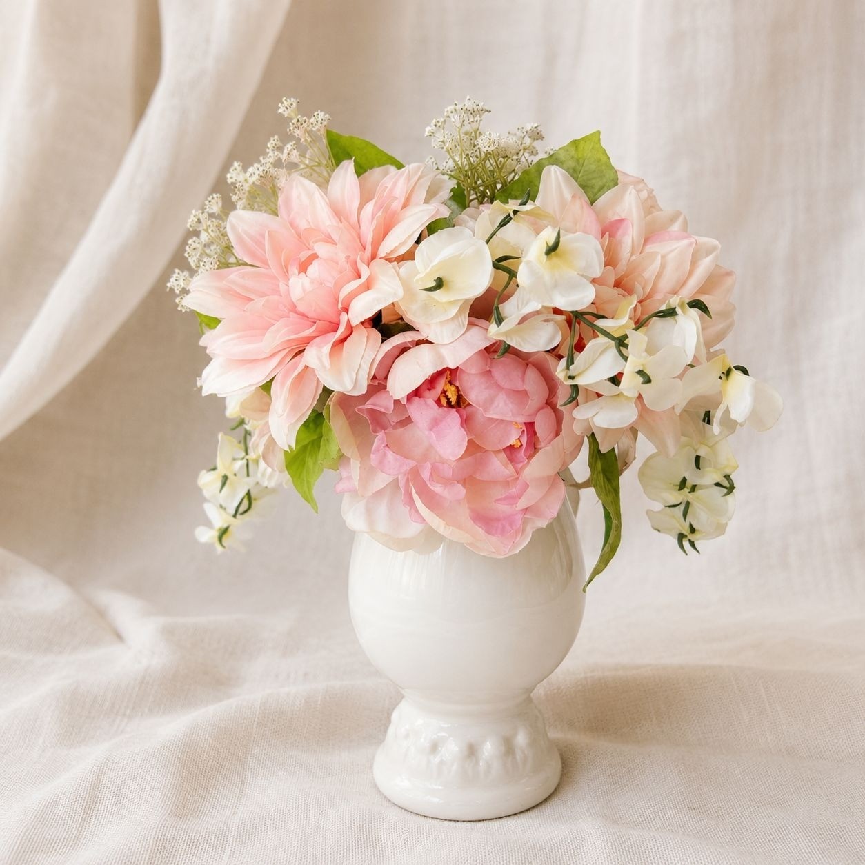 Vintage Faux Floral Arrangement White Ceramic Pedestal Vase Pink Peonies Decor