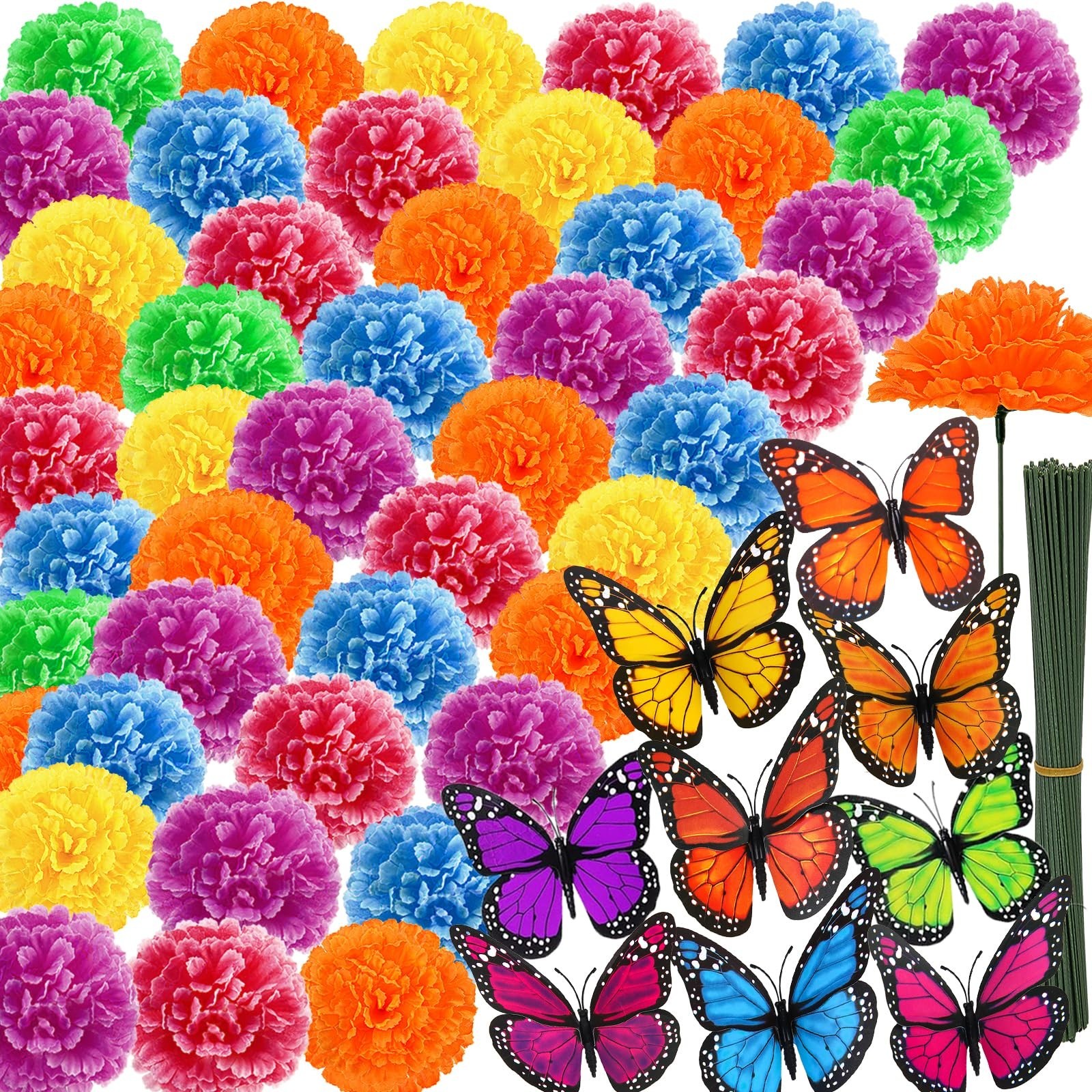 108pcs Silk Marigold Flower Heads with Stems – Mixed Colors for Dia de los Muert