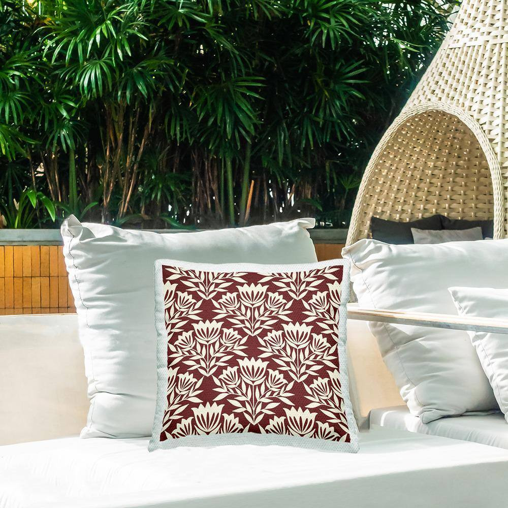 Traditional Maroon Flower Arrangement Cream Pattern Red Square Outdoor Throw Pil