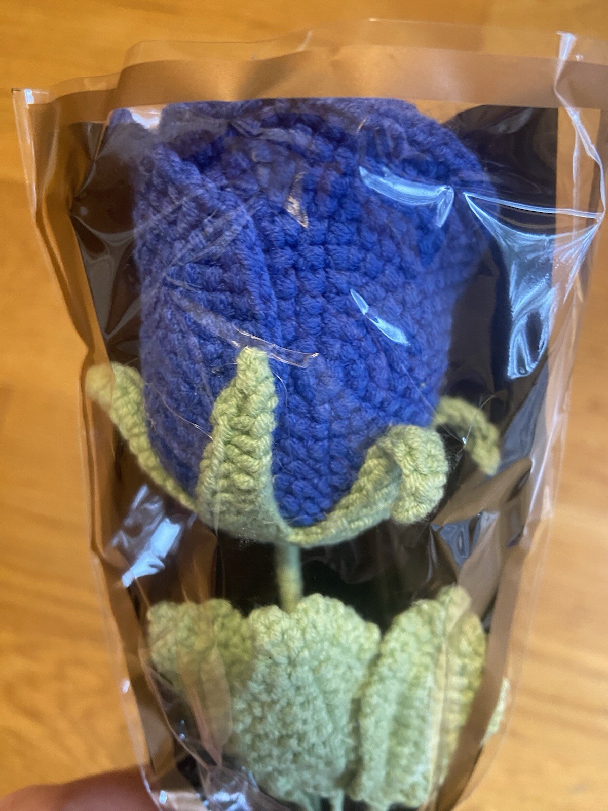 Handmade Crochet Single Rose Blue with Green Leaves and Stem 10″