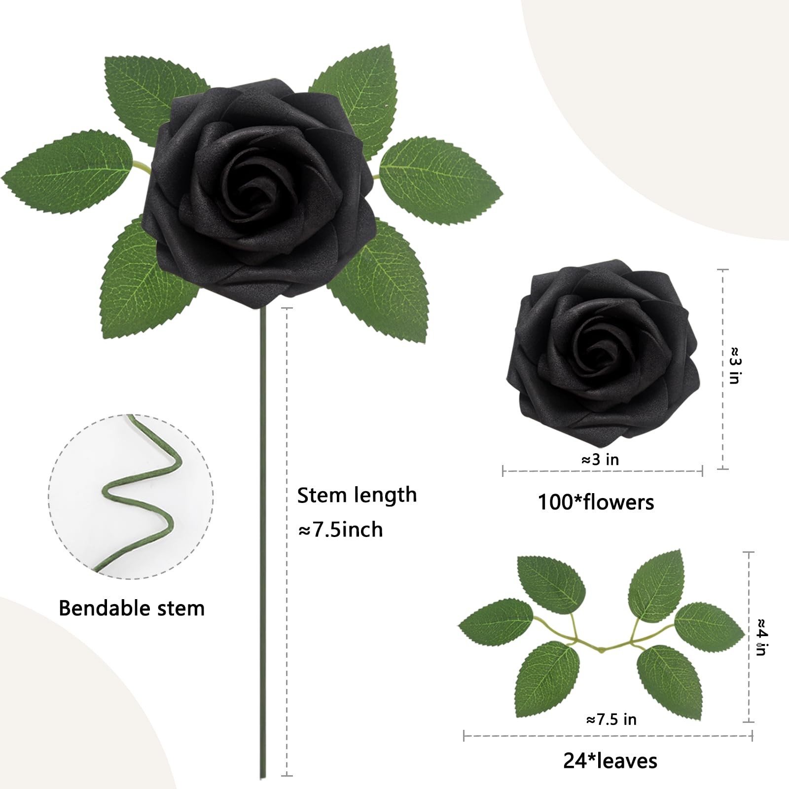 100 PCS Black Artificial Flowers Roses Foam Fake Leaves DIY Decor
