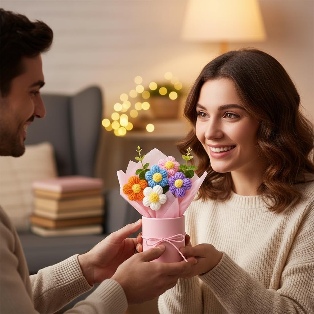 Colorful Handmade Mini Flower Bouquet Gift – Crochet Artificial Flowers in Pot
