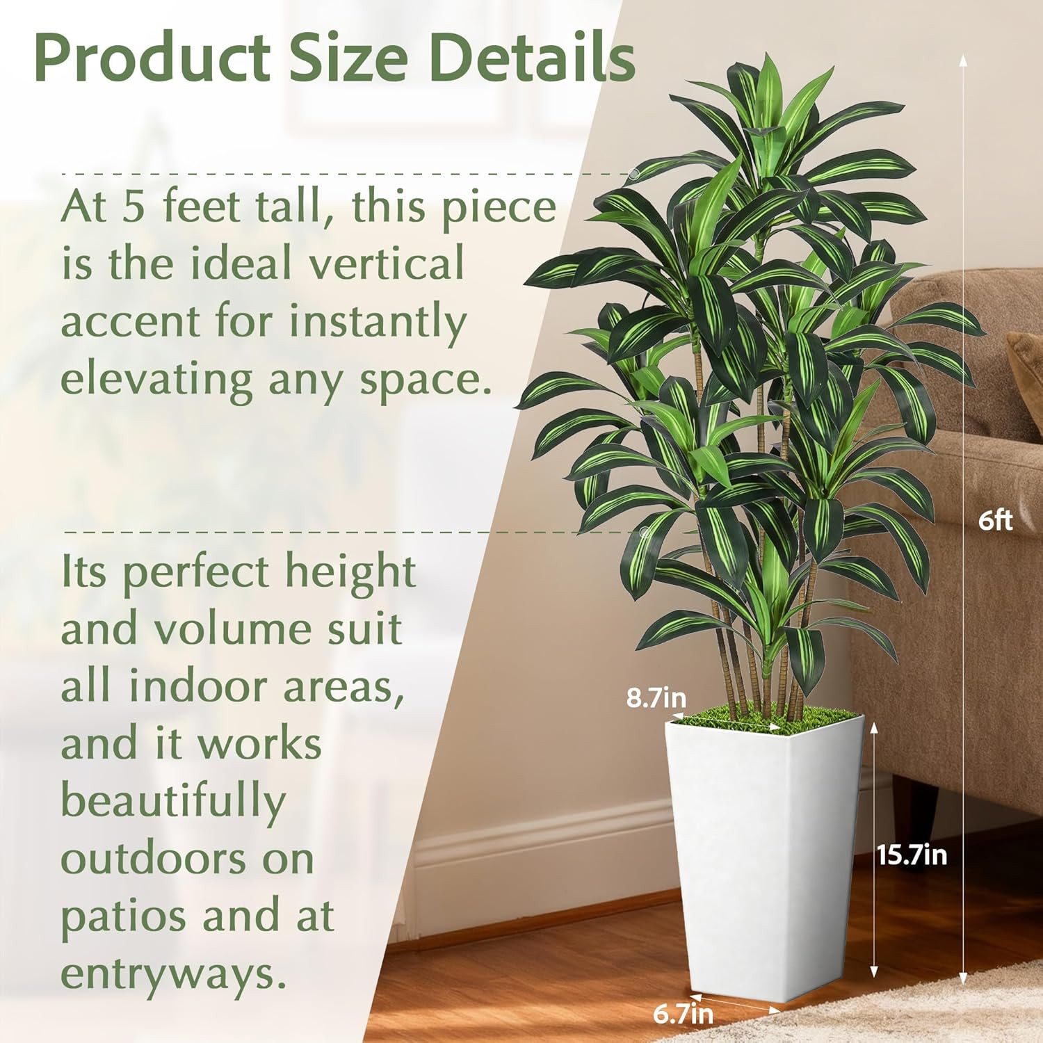 Lifelike 6FT Dracaena Indoor Plant Tree for Home & Office Decor – White Pot