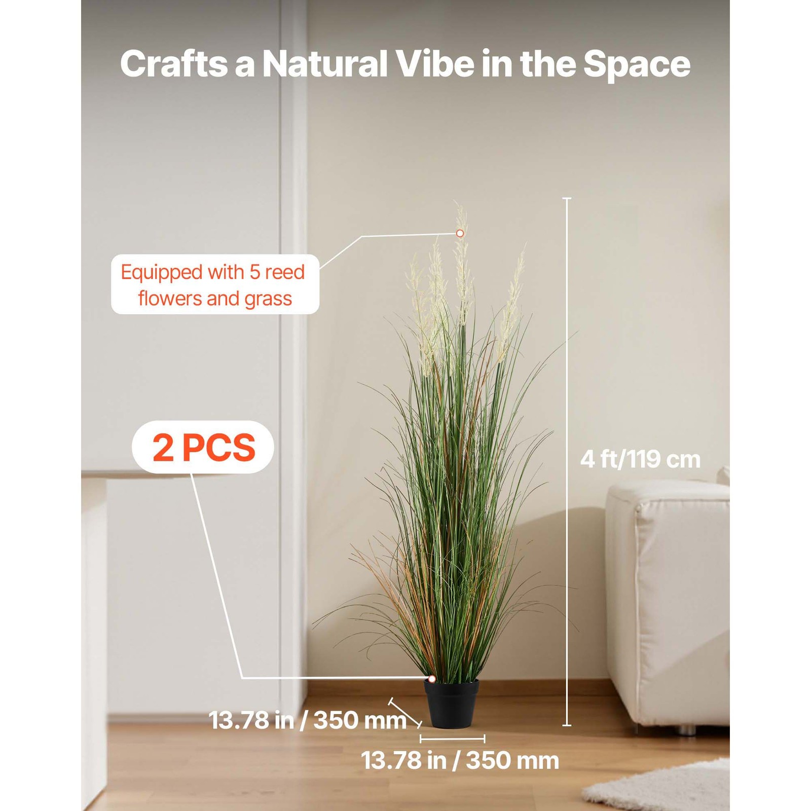 Uimoso Artificial Grass Plant 47-Inch Reed Flower Grass in Pot, Set of 2, Green