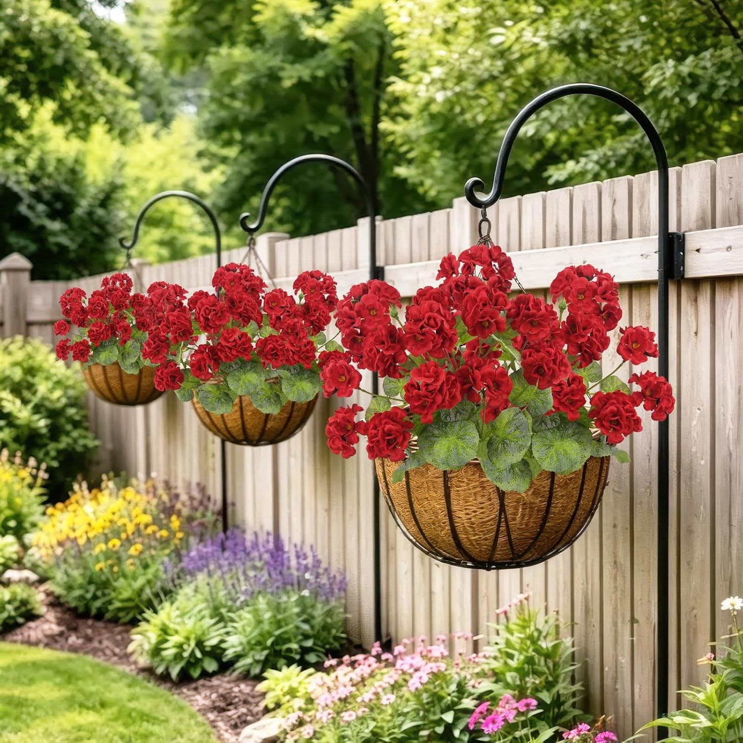 2 Pcs Artificial Geraniums for Outdoors 23” Faux Flowers Red Silk Geraniums UV