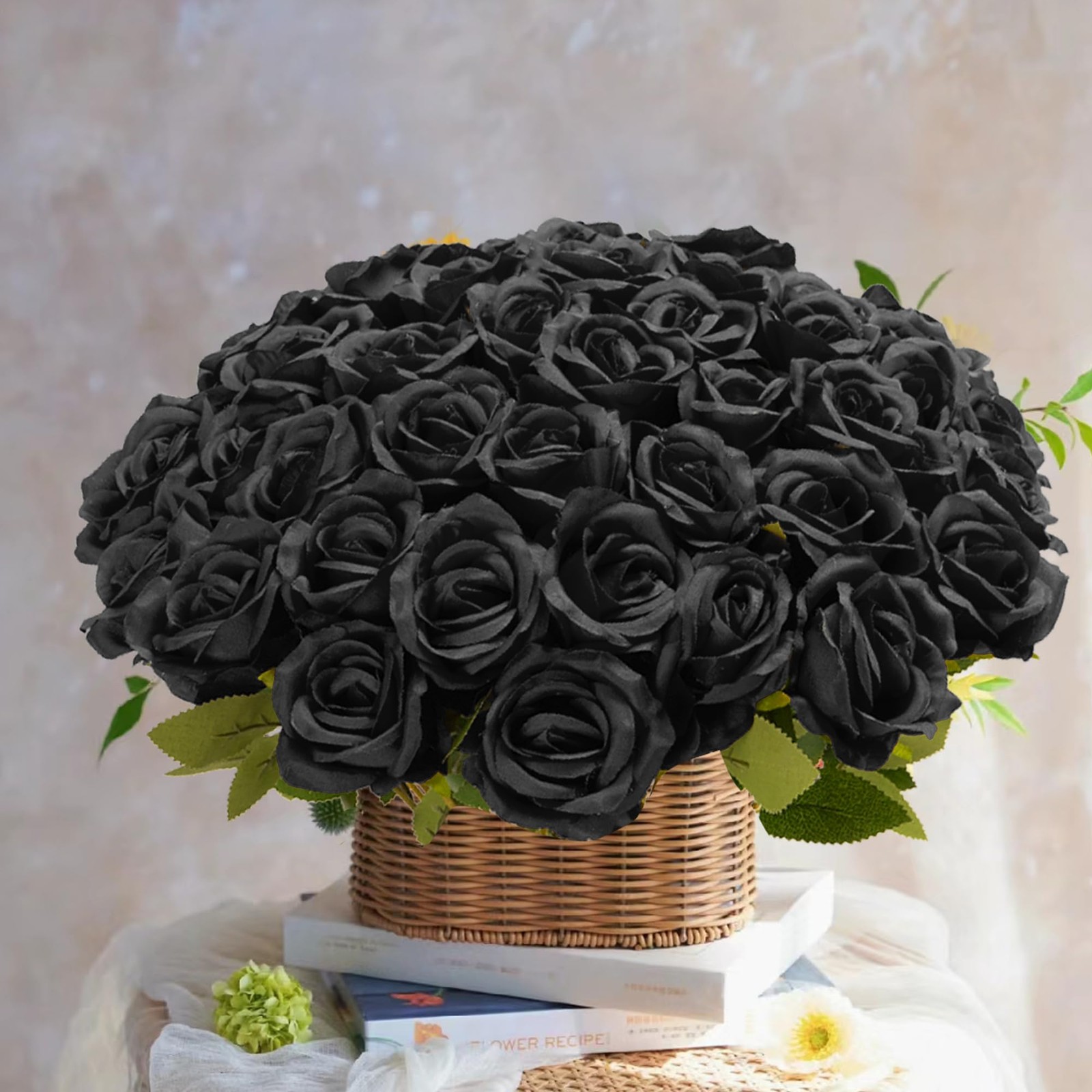 Fanfantoey Black Roses Artificial Flowers Bulk, 52Pcs Fake Roses Flower Arran…