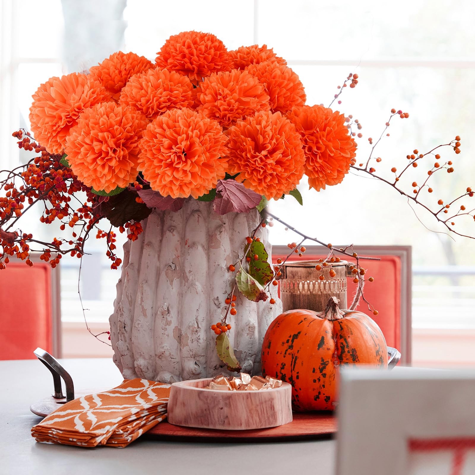 12 PCS Orange Artificial Chrysanthemums Marigolds Ball Silk Fall Fake Flowers