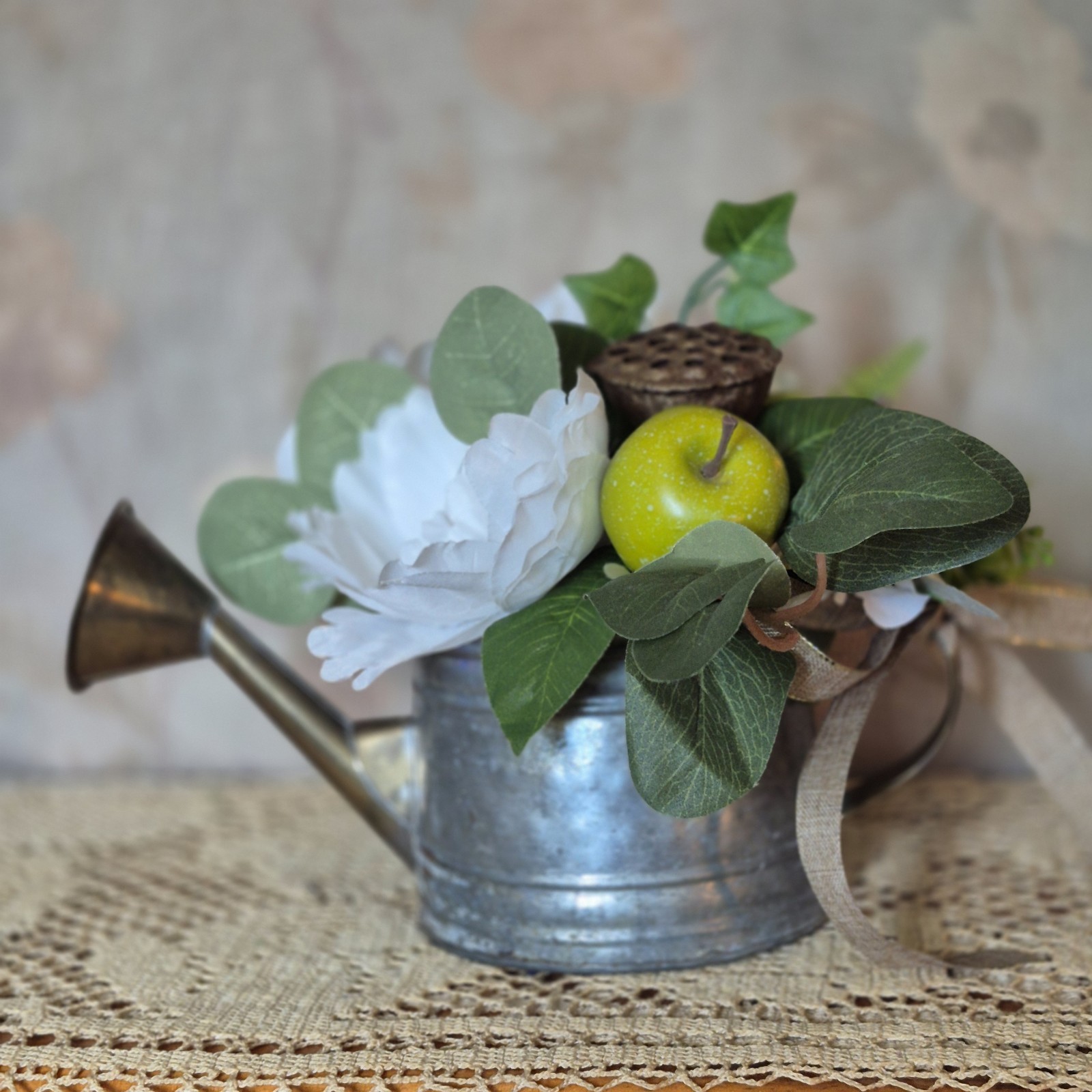Floral Centerpiece, Vintage Metal Watering Can Cottagecore Faux Flowers
