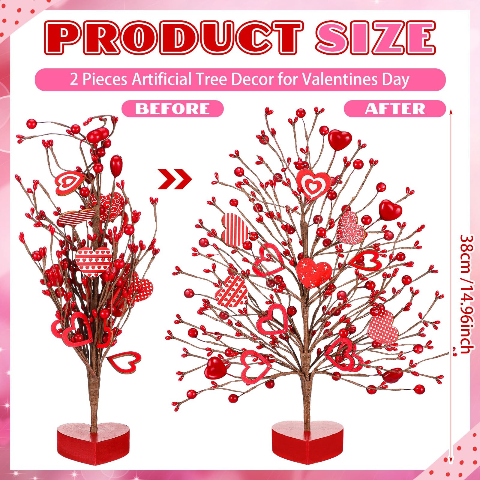 2 PCS 15 Inch Valentines Day Tree Heart Ornaments Tabletop Artificial Center