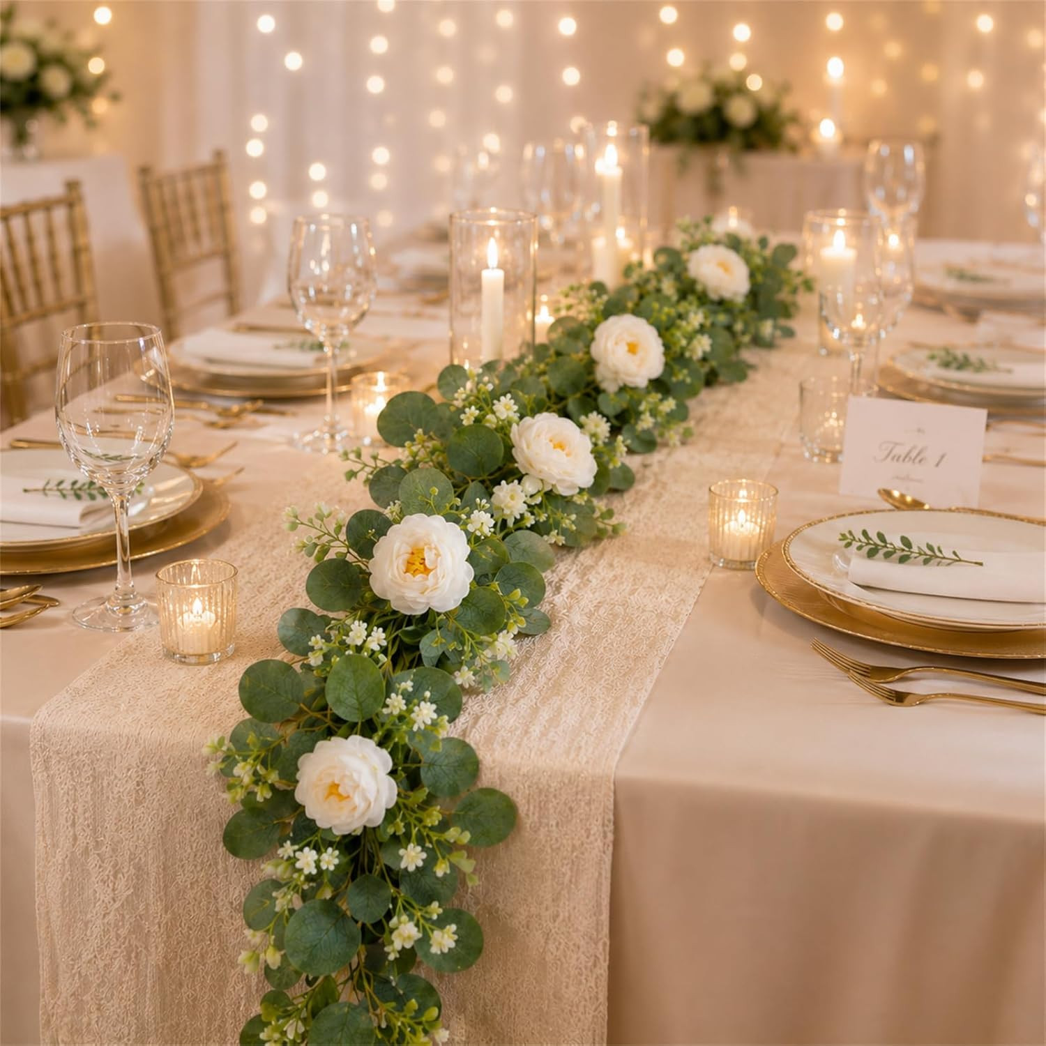 2 Pack Artificial Eucalyptus Garland with White Roses, Total 12FT Flower Greener