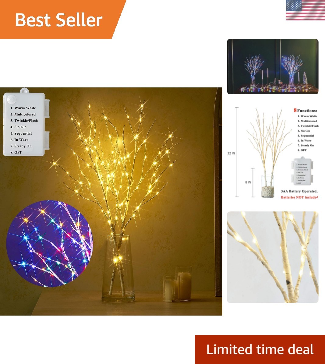 Waterproof 30-inch Lighted Birch Branches – 8 Functions for -Round Elegance