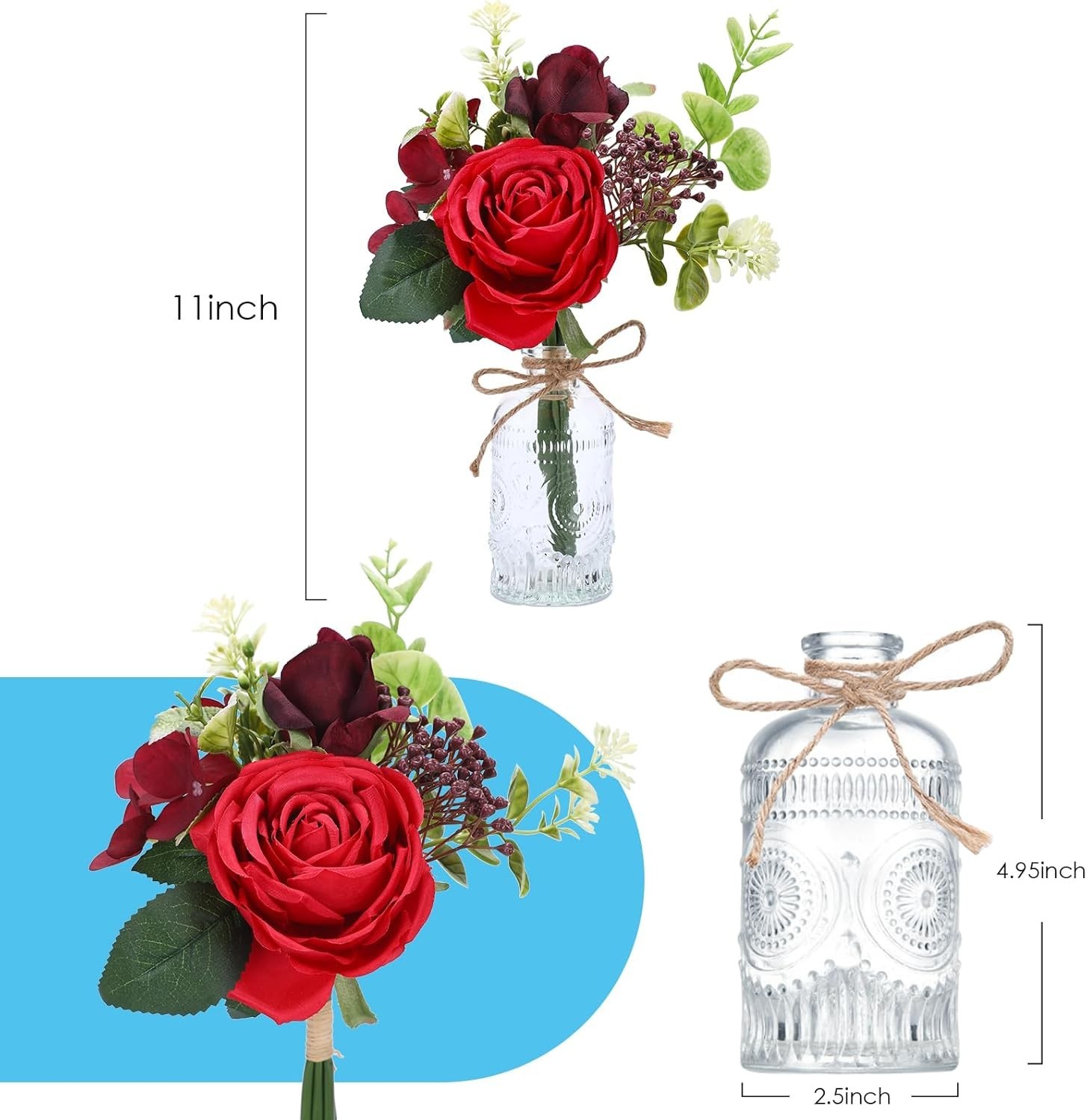Artificial Flowers with Vase – Small Red Fake Plants Faux Silk Flower Arrange…