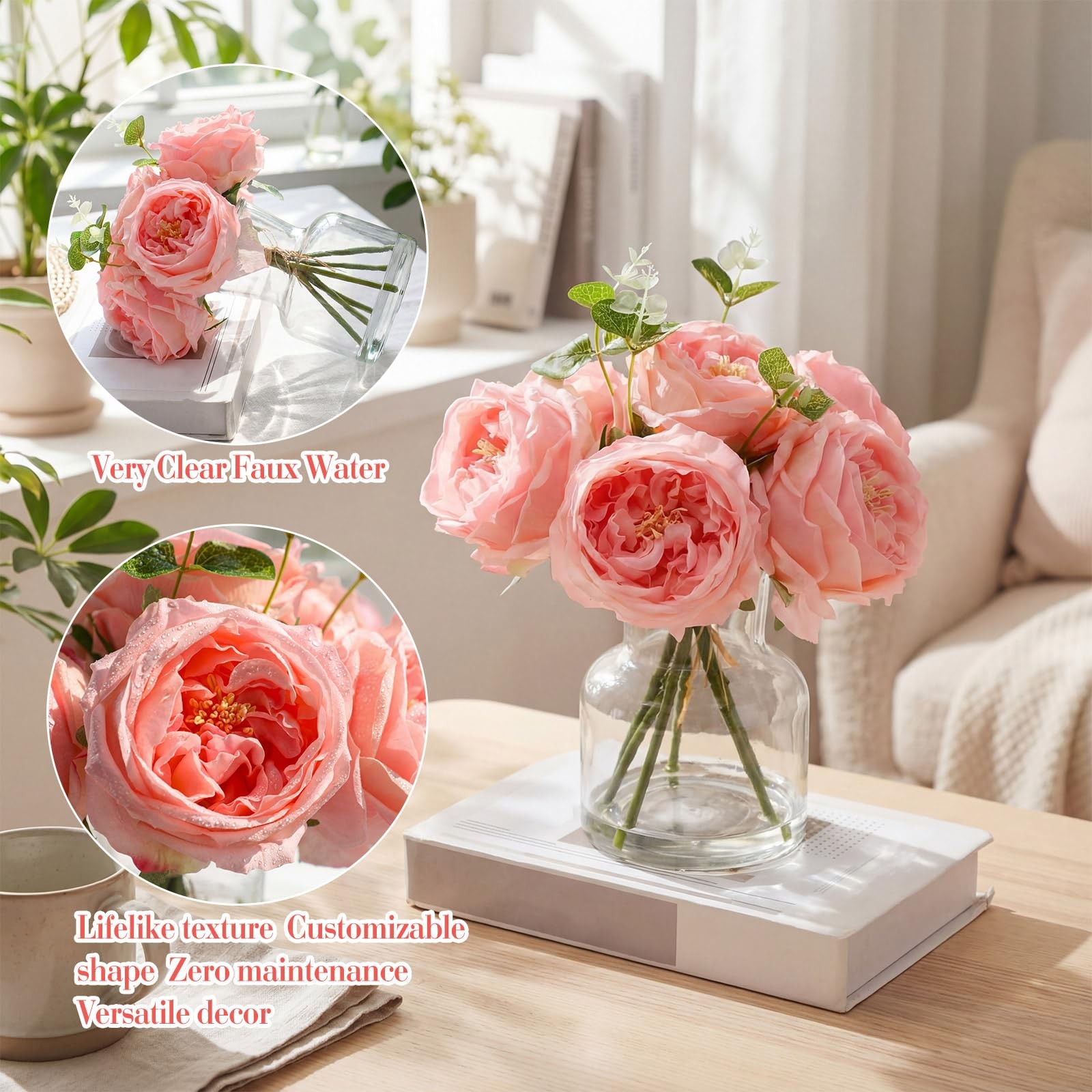 6 PCS Real Touch Peonies Artificial Flowers Faux Austin Rose In Vase Pink