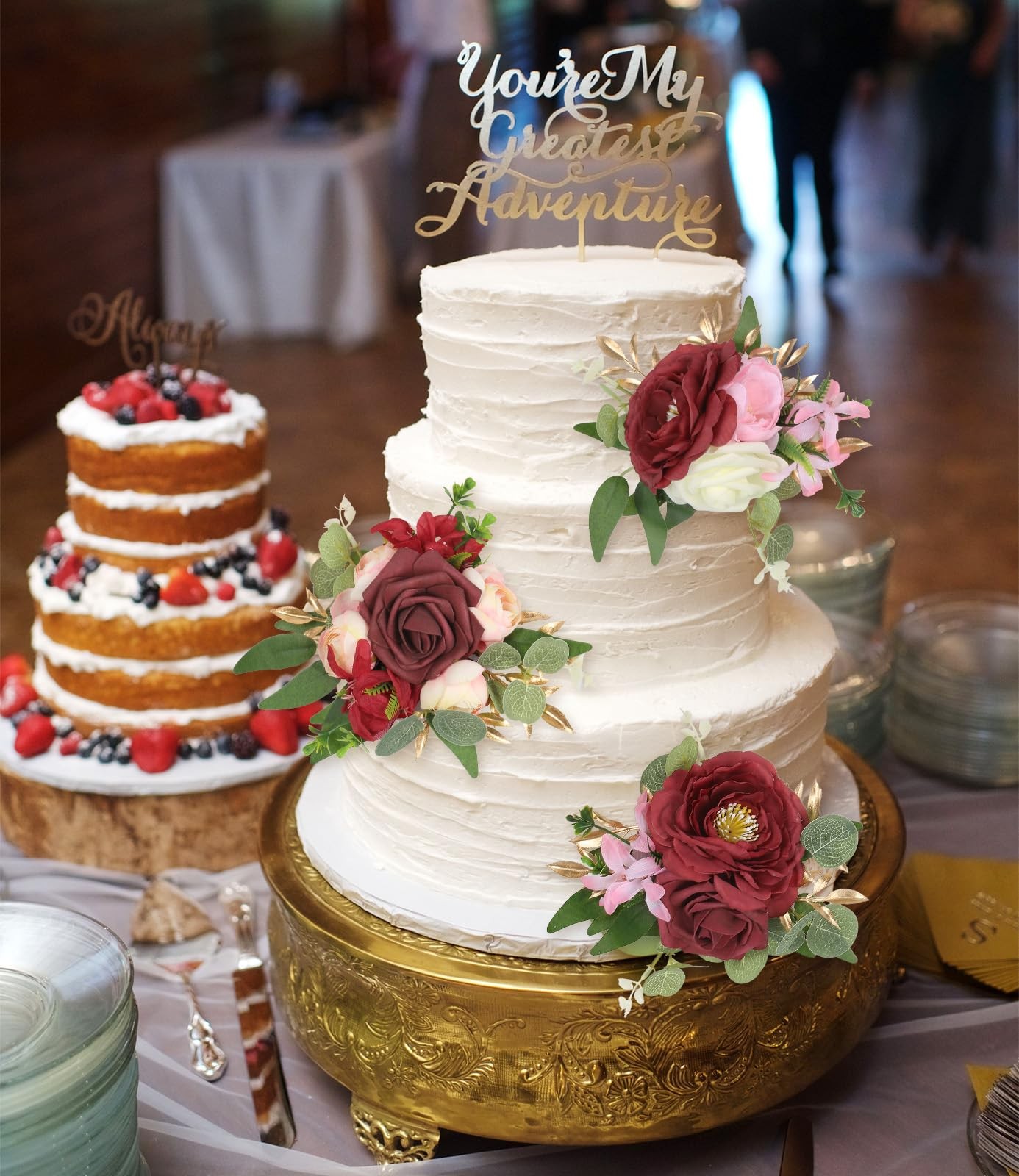 3PCS Wedding Cake Toppers Burgundy Flowers Artificial Cake Flowers for Weddin…