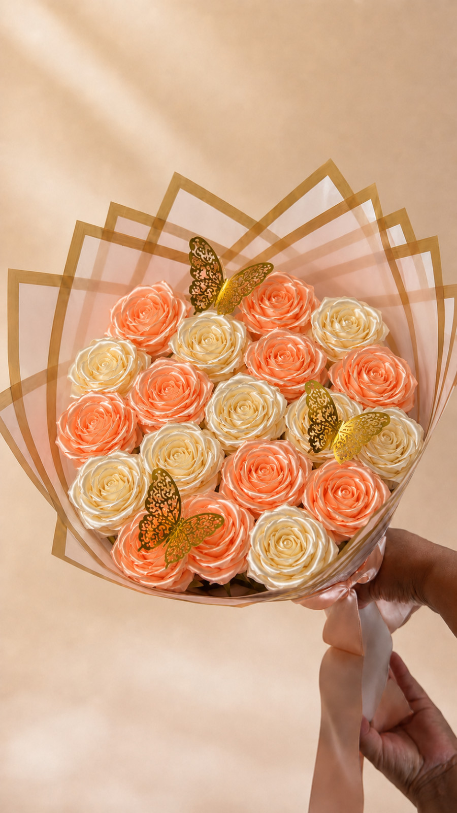 NORELD 20 Satin Rose Bouquet Peach Ivory Gold Butterflies Handmade Gift