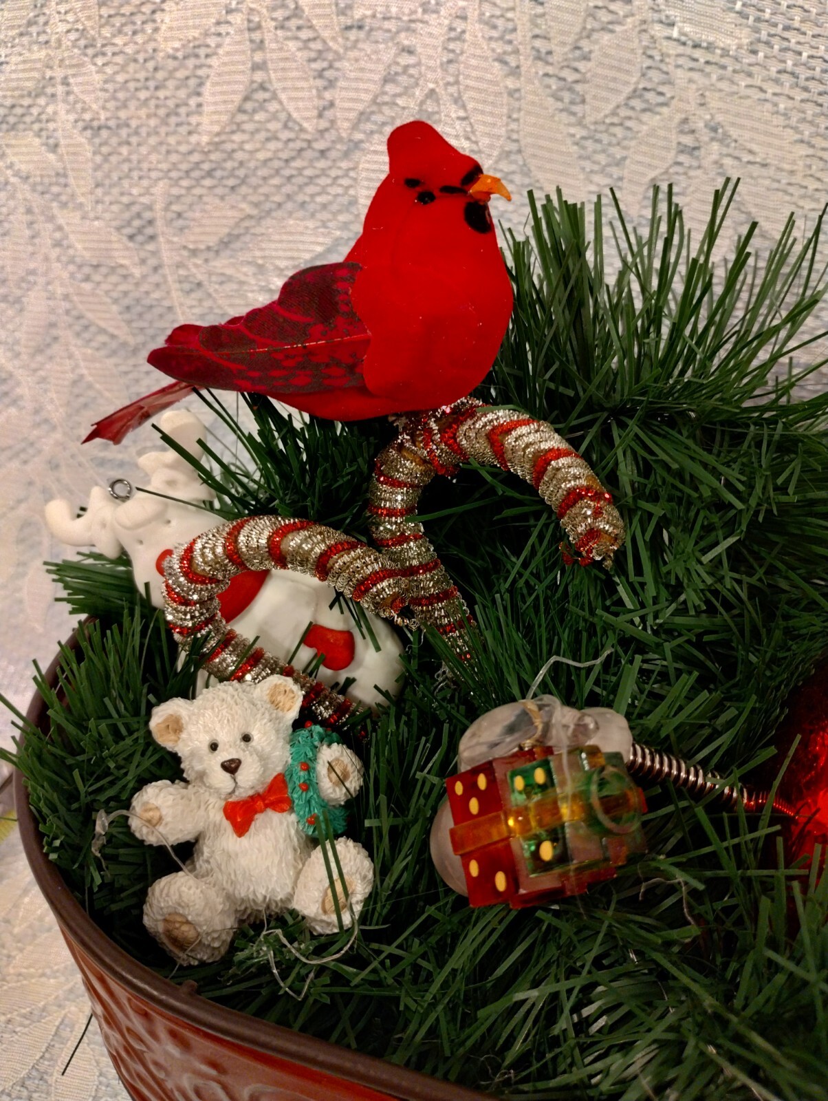 Lovely Hand Made Holiday Christmas Arrangement in Wood And Metal Container
