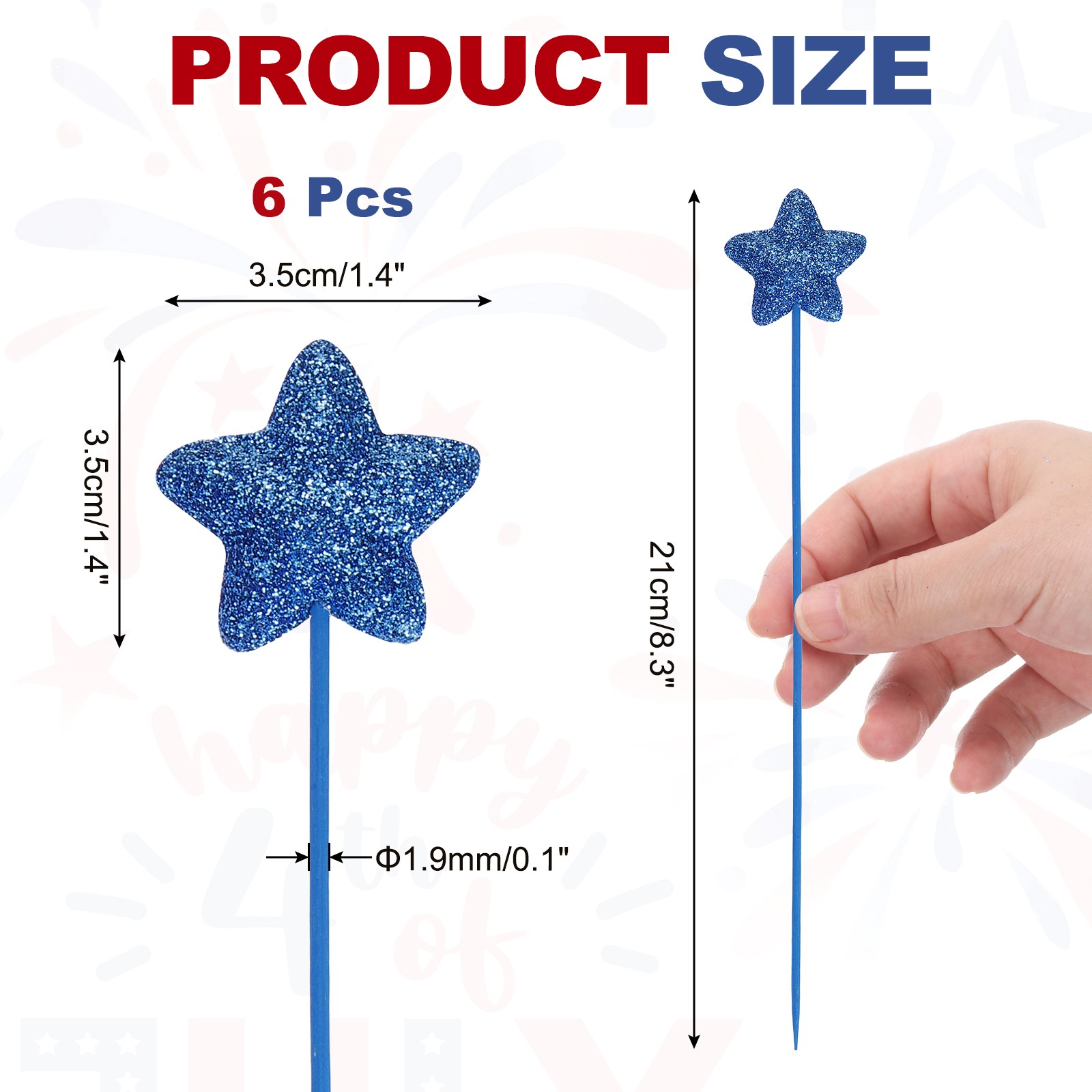 6 Pcs 4th of July Glitter Star Picks 8″ Puffy Sparkly Sticks (Navy Blue)