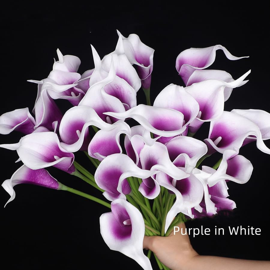 12Pcs Purple in White Artificial Calla Lily Flowers,Single Heads Real Touch | 13