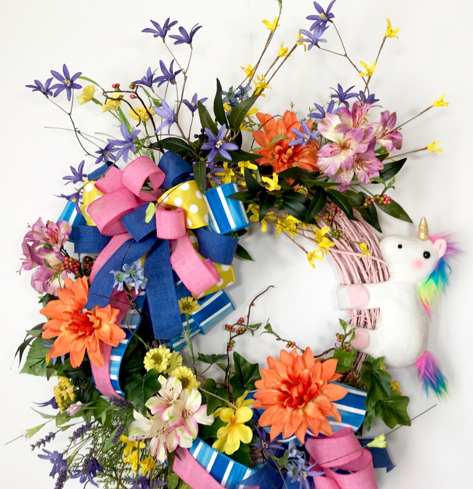 RAINBOW UNICORN PINK GRAPEVINE WREATH FRONT DOOR BRIGHT SUMMER FLOWERS DECOR NEW