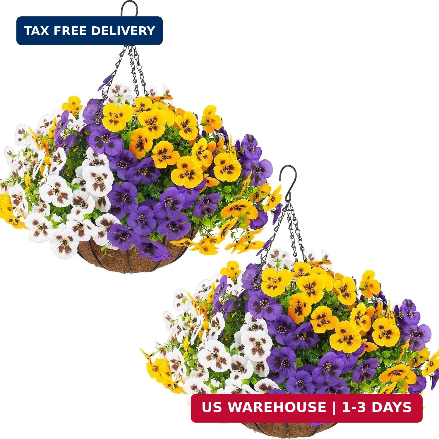 2 Sets Artificial Hanging Pansy Flowers with Baskets, 24 Pcs UV Resista