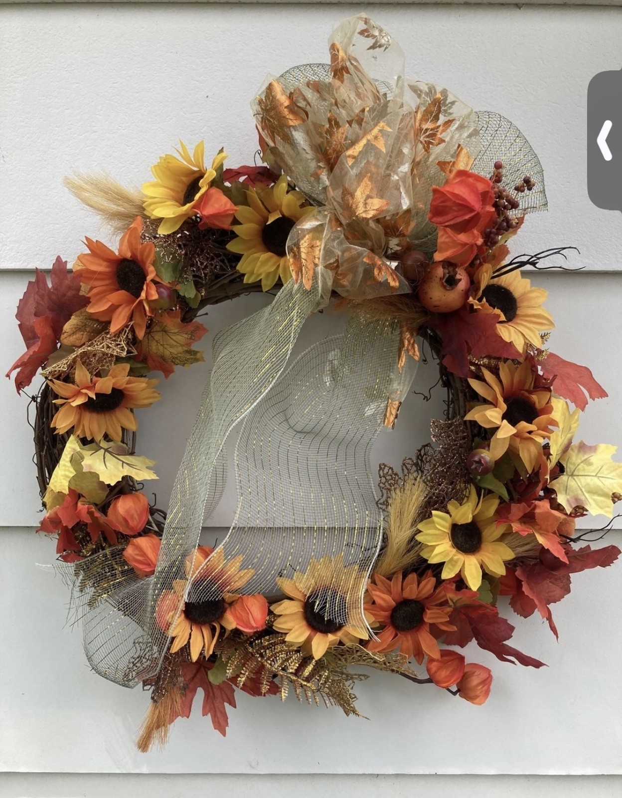 Sunflower Grapevine Country Rustic Wreath w Chinese Lanterns Pomegranate, ferns