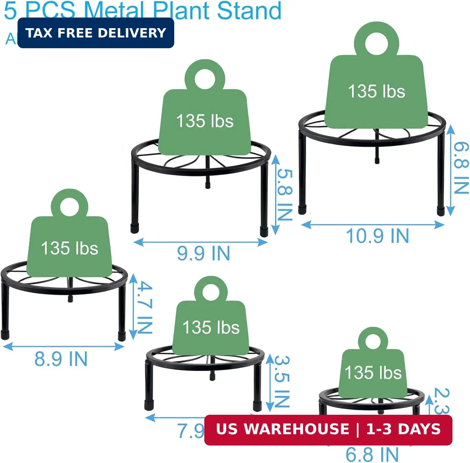 HENABLE 5 Packs Metal Plant Stand Indoor, Outdoor Black Plant Stand for Multiple