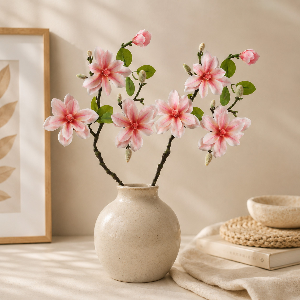 Set of 2 Artificial Magnolia Flower Stems Pink Faux Floral Branches Home Decor
