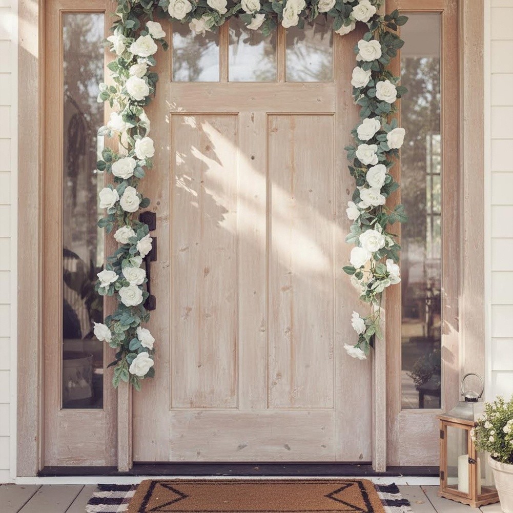 White Rose Garland 86.6 inches with Reinforced Wire Stem for Stability