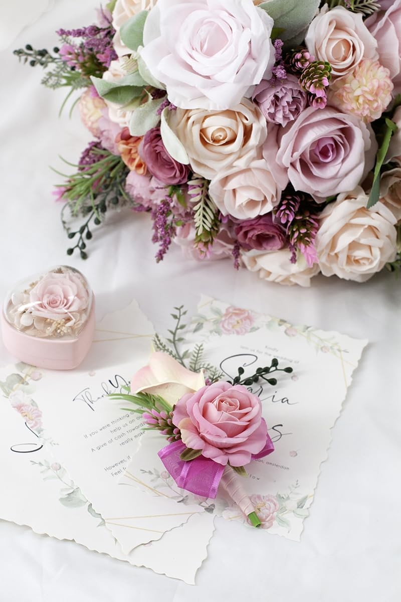 Soft Rose Pink Corsage and Boutonniere Set for Wedding Prom, Artificial Calla Li