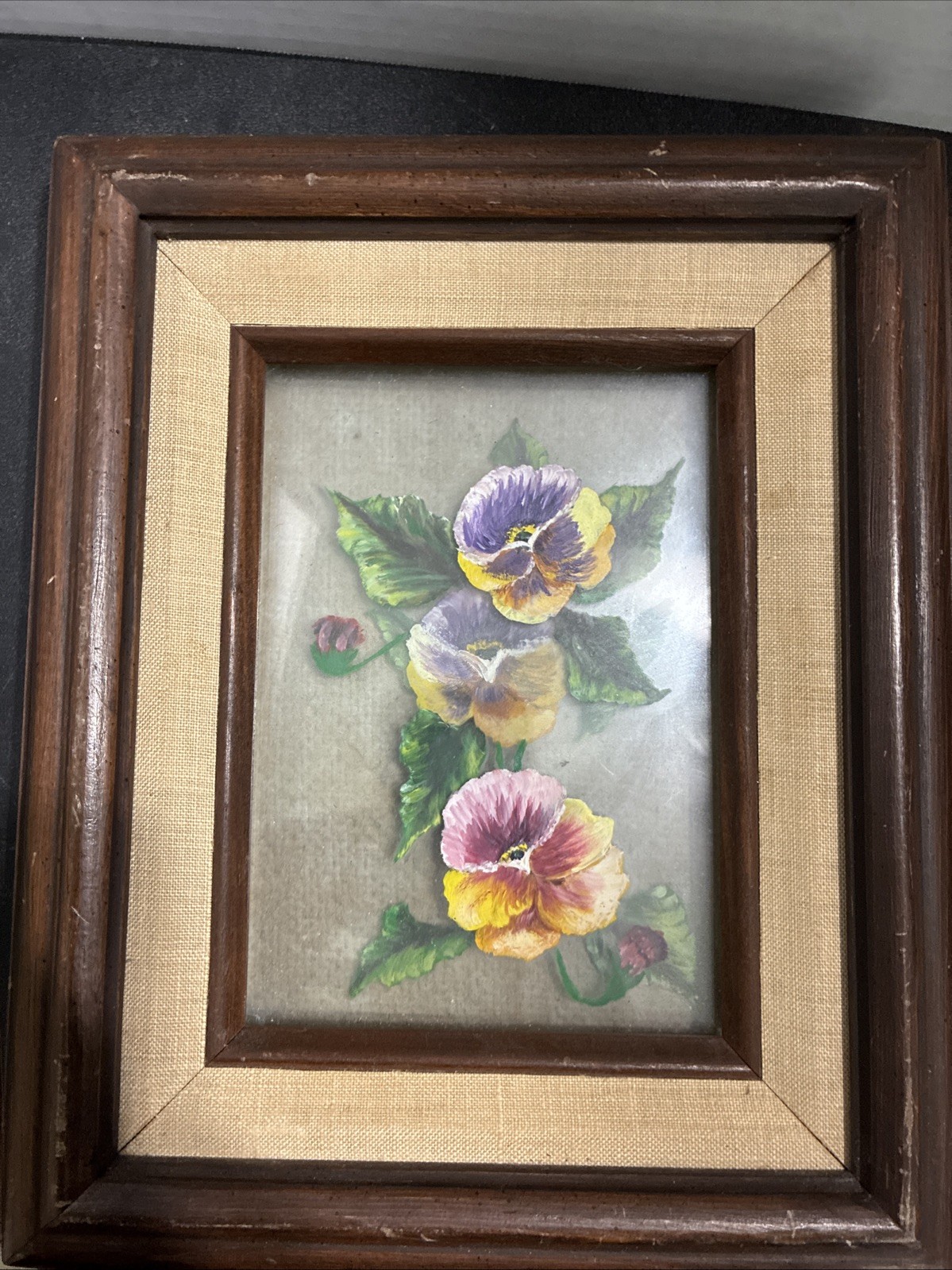 Vintage Framed Pansies Flowers Floral Wall Hanging Picture . Double Glass Image