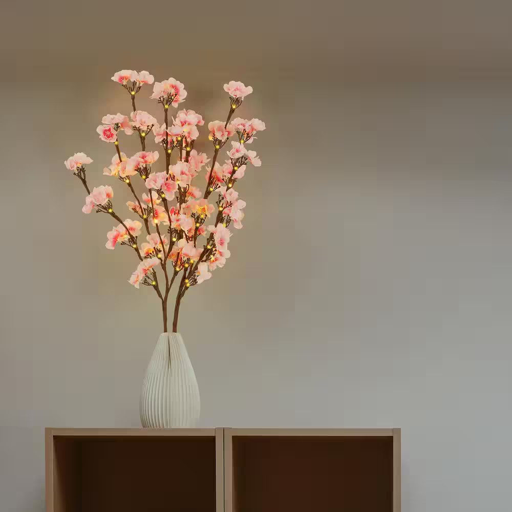30 In. Pink Artificial Plum Blossom Lights Home Decoration 2Pcs Set Individual F