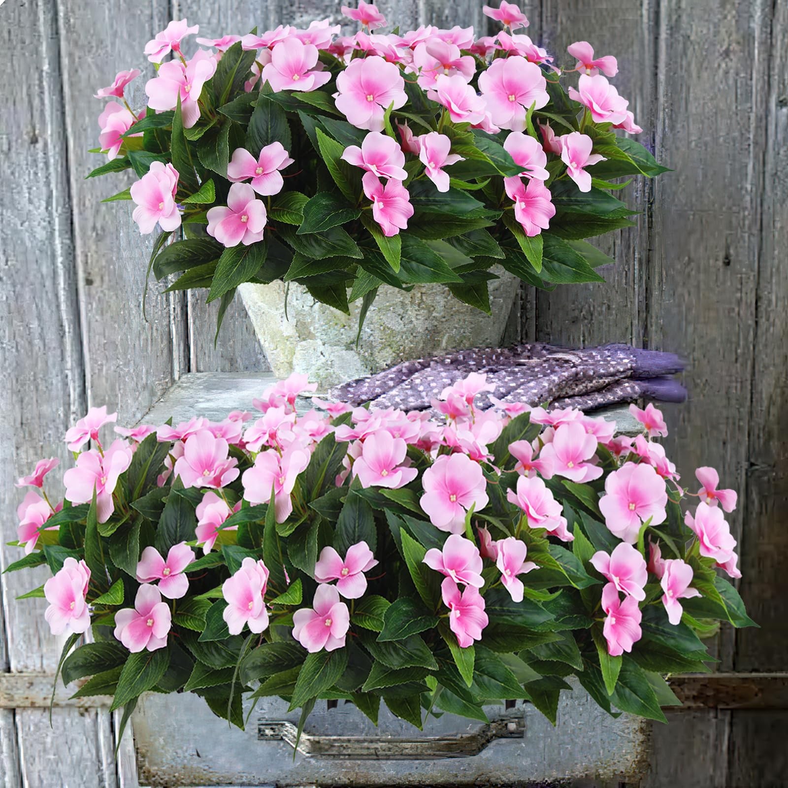 Faux Impatiens Bouquet, Pink Silk Flowers, Patio Hanging Basket Decor
