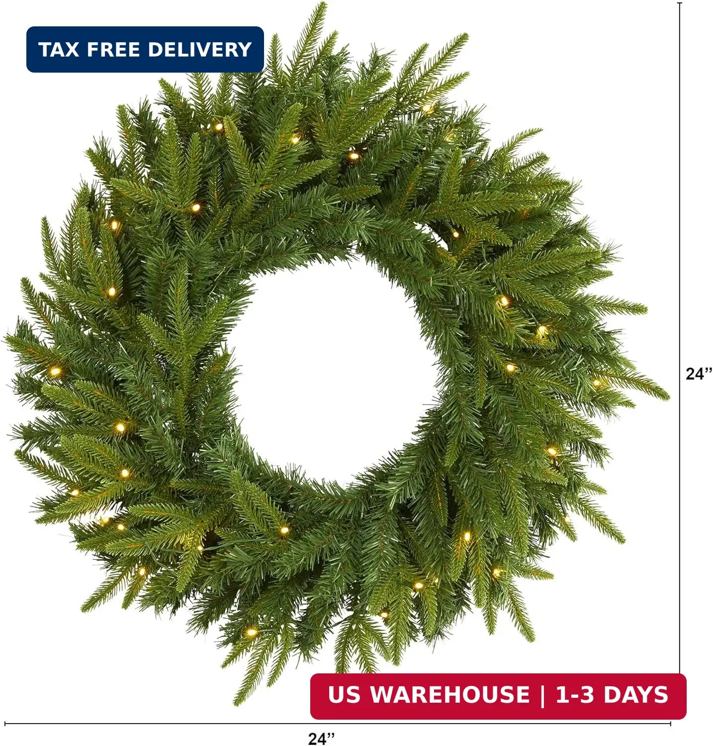 Nearly Natural 24in Artificial Long Pine Christmas Wreath Faux Greenery with Cle