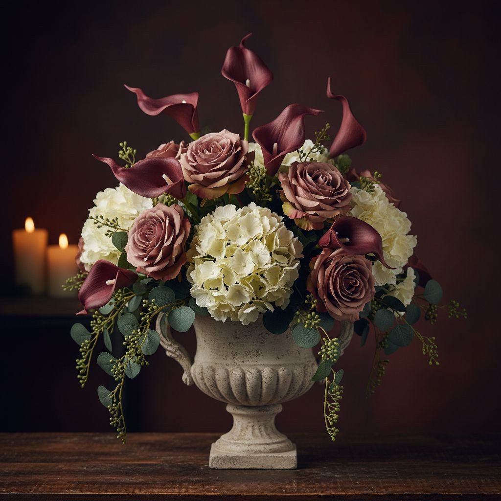 Burgundy Calla Lily Stems Faux Floral Bouquet Wine Red Flowers 5 Stem Bunch Mood